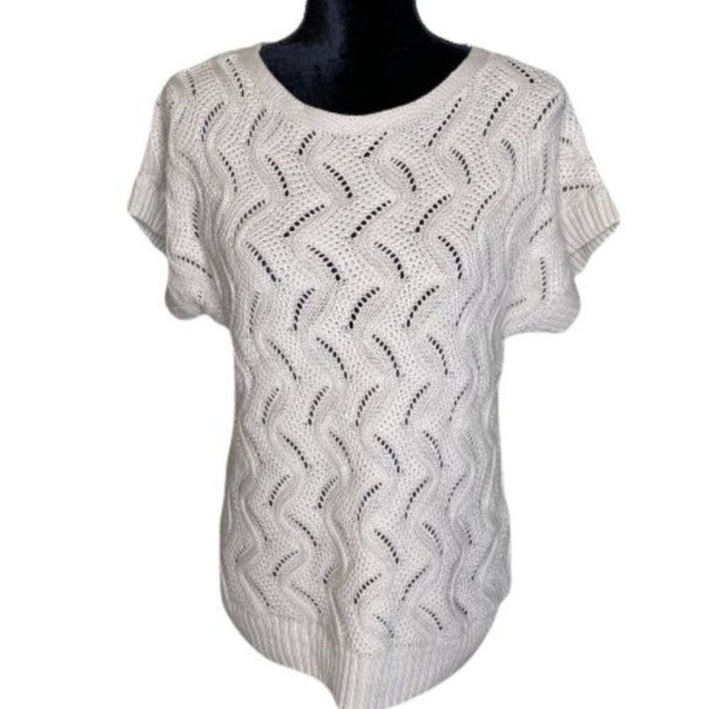 Croft & Barrow Beige Crochet Sweater Womens Size M Crew Neck Short Sleeve Ribbed